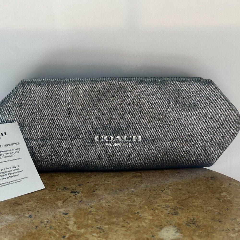 Coach Toiletry Pouch, Makeup & Cosmetic Bag, Silver Shimmering Large Zipper NWT